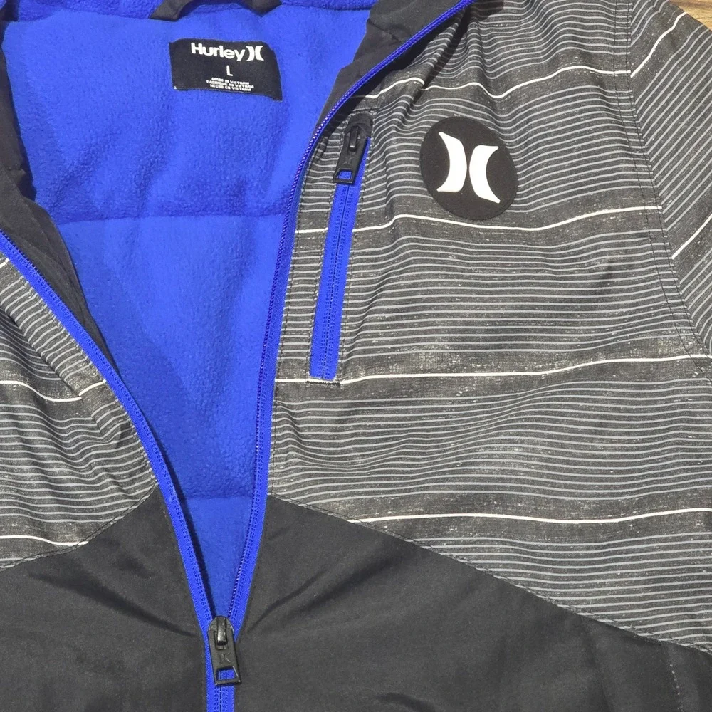 Hurley Boys Insulated Hooded Jacket‎ Gray Stripe Black Blue Size L